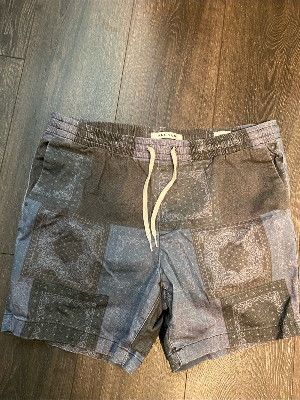 PacSun Men's Grey & Navy Bandana Patch Swim Trunks
